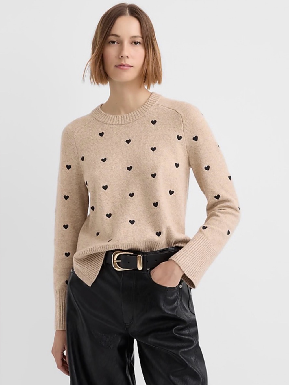 LOFT Tan Crewneck Sweater with Black Heart Print